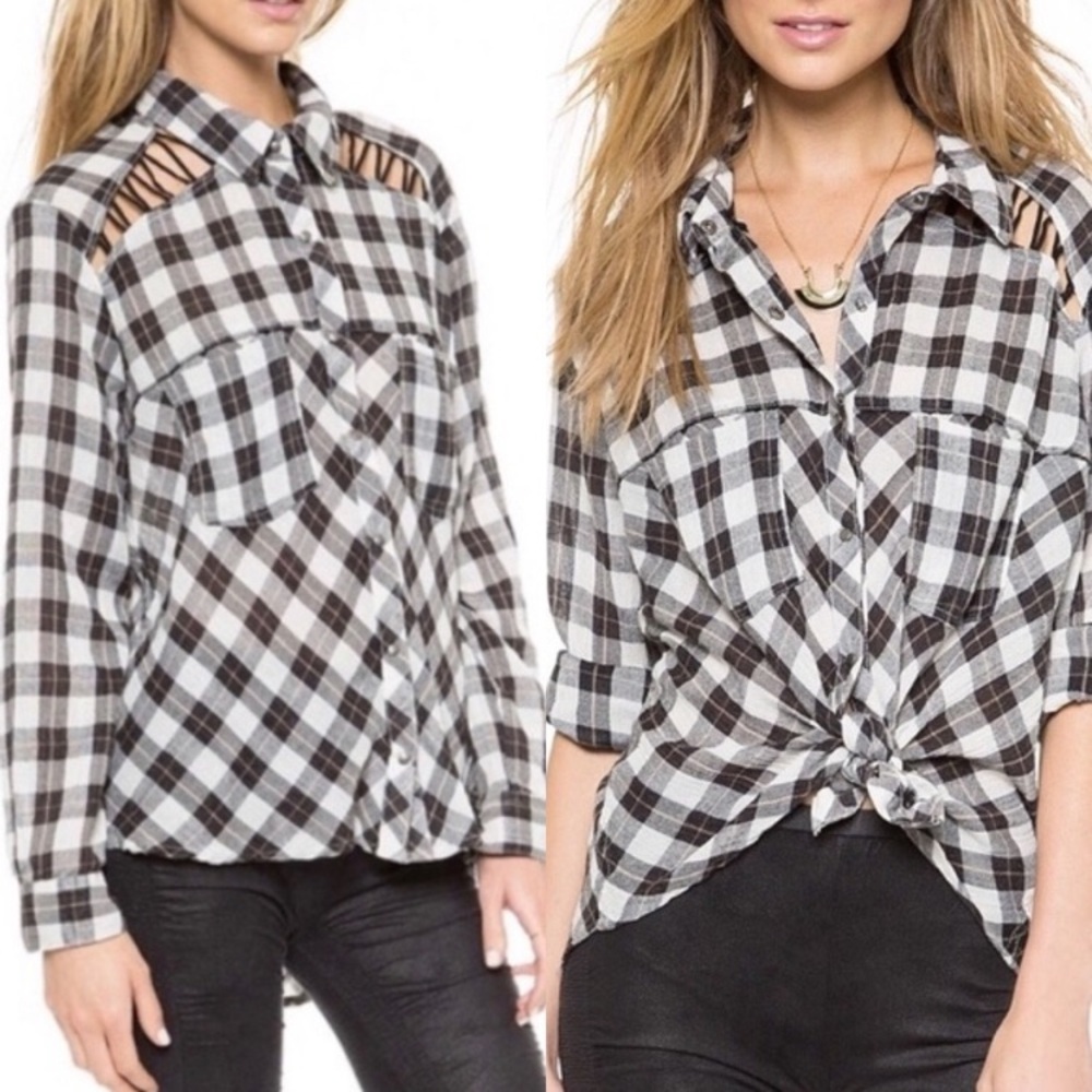 Free People Shirt Womens Medium Black White Plaid Snap Button Down Tie Front